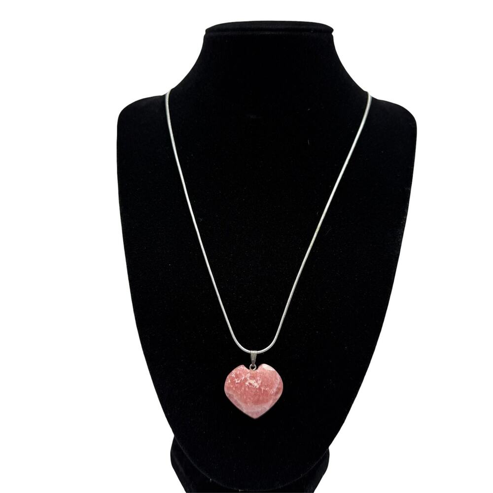 Pink Heart Stone Pendant Necklace Silver Tone Snake Chain Fashion Jewelry 24in